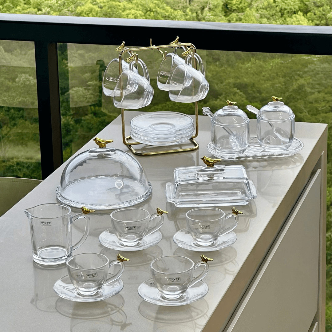 Kit para Mesa Posta de Café Linha Golden Bird 7 Peças - Ela Decora