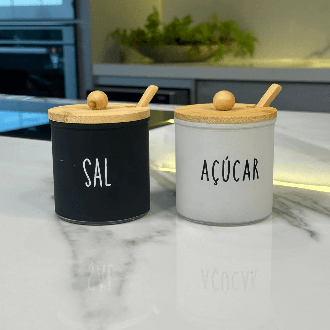 Kit Saleiro e Açucareiro de Vidro Doha Preto e Branco 2 Peças - Ela Decora