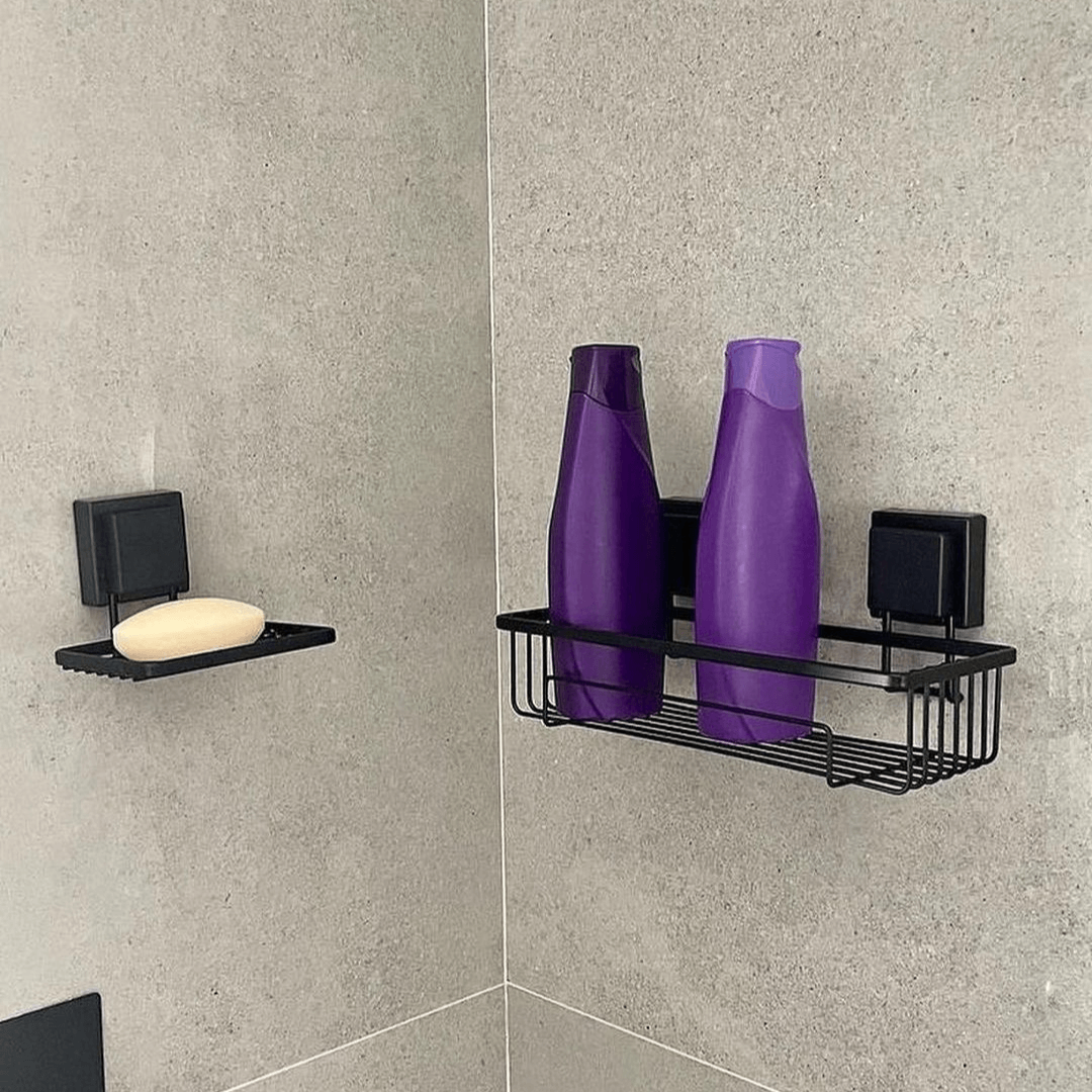 Kit Suporte Para Shampoo + Saboneteira com Ventosa Preto - Ela Decora