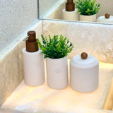 Kit para Banheiro Polirresina Bege com Detalhes em Madeira 3 Peças