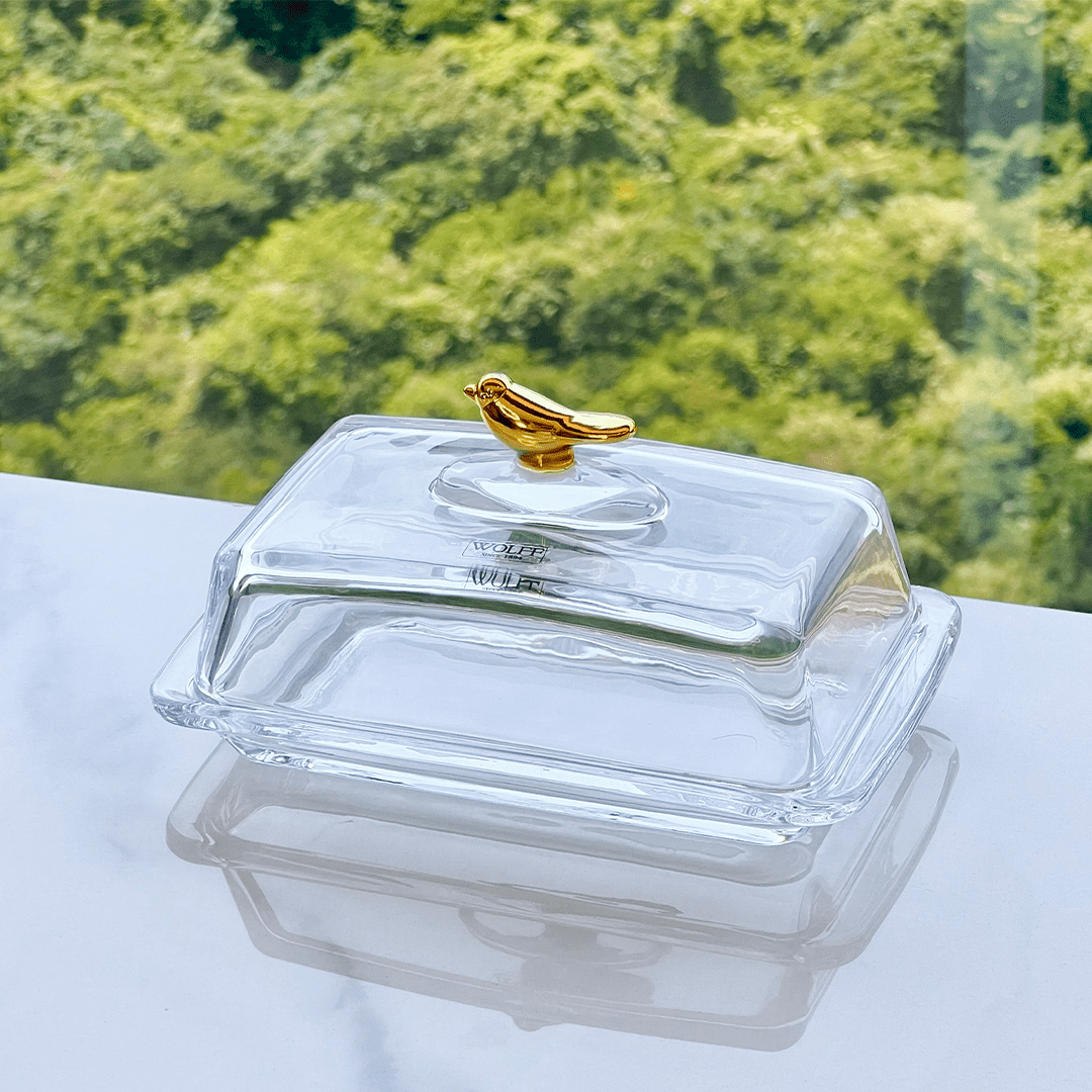 Manteigueira com Tampa de Cristal Ecológico Golden Bird 18cm - Ela Decora
