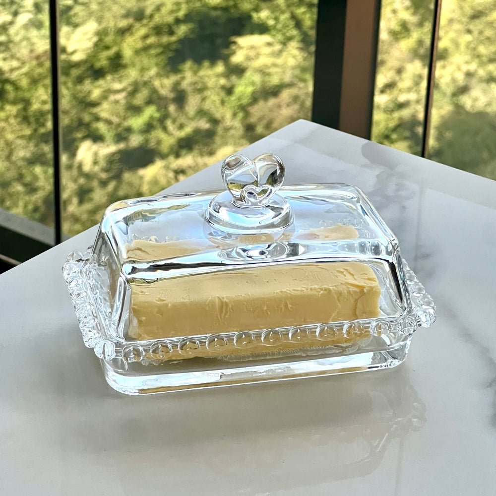 Manteigueira de Cristal de Chumbo Tampa Coração 17cm - Ela Decora