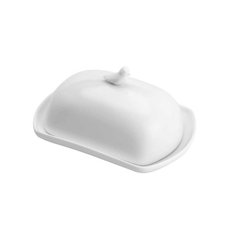 Manteigueira de Porcelana Birds Branco - 16 cm - Ela Decora