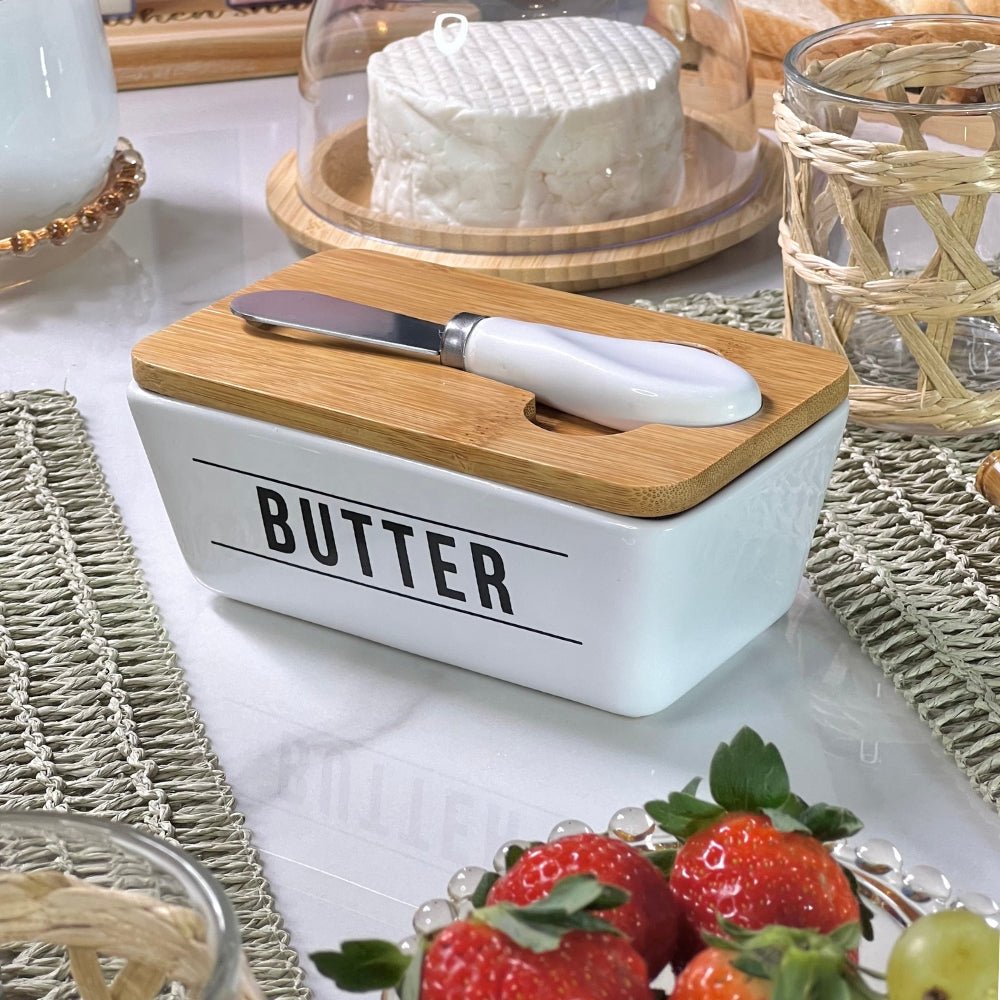Manteigueira de Porcelana com Faca Manhattan Branca 400ml - Ela Decora