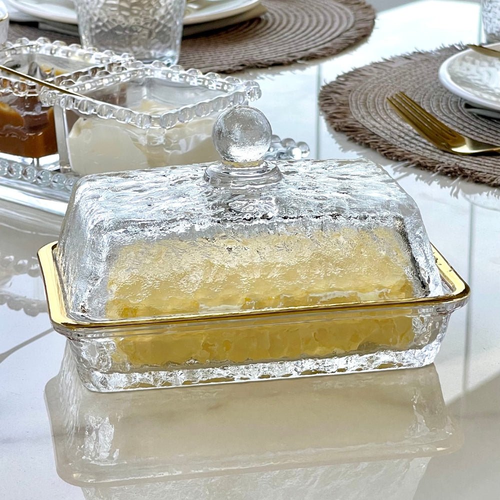 Manteigueira Petra Cristal Ecológico e Fio de Ouro com Tampa 17cm - Ela Decora