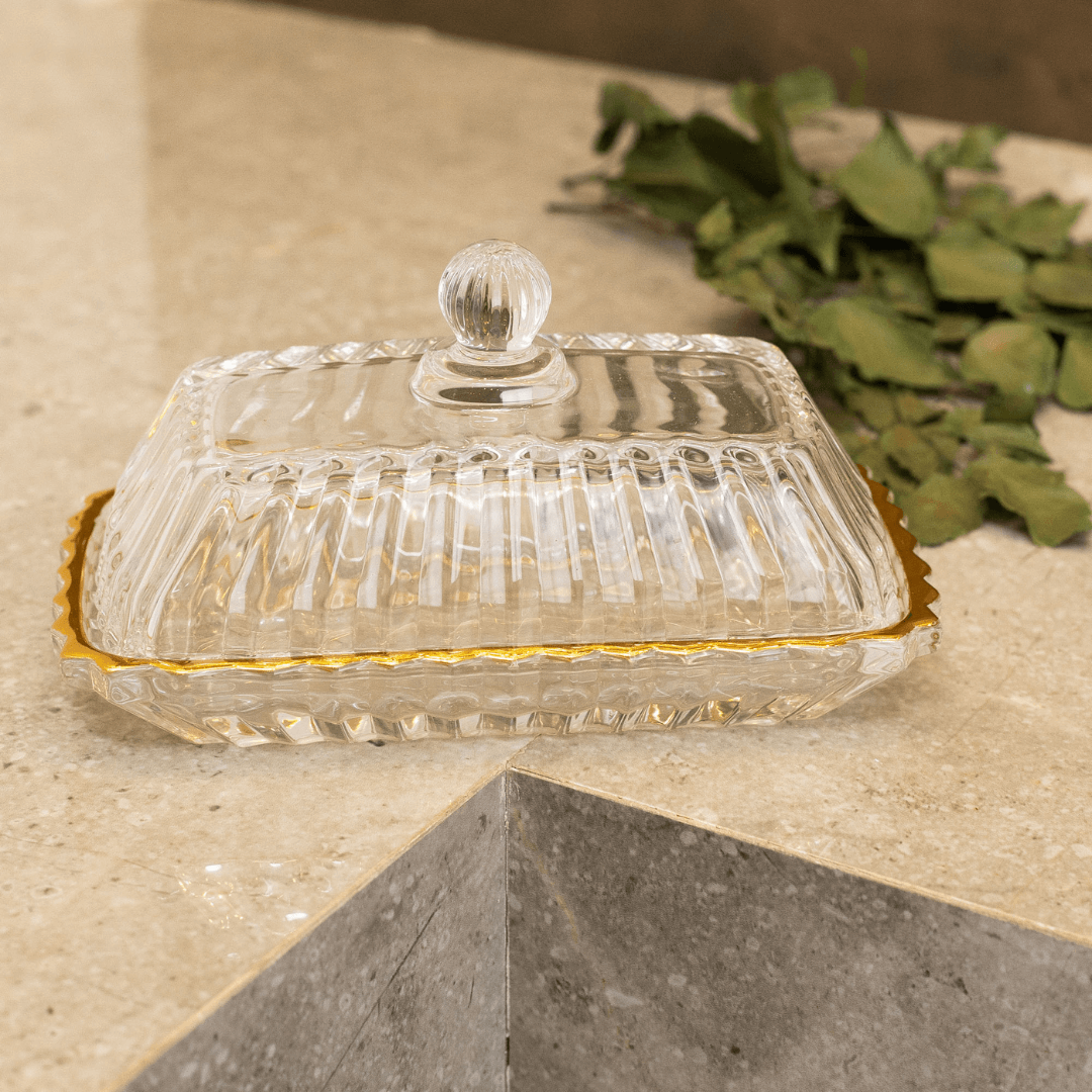 Manteigueira Retangular Imperatriz Tampa em Cristal Fio de Ouro 15,5cm - Ela Decora