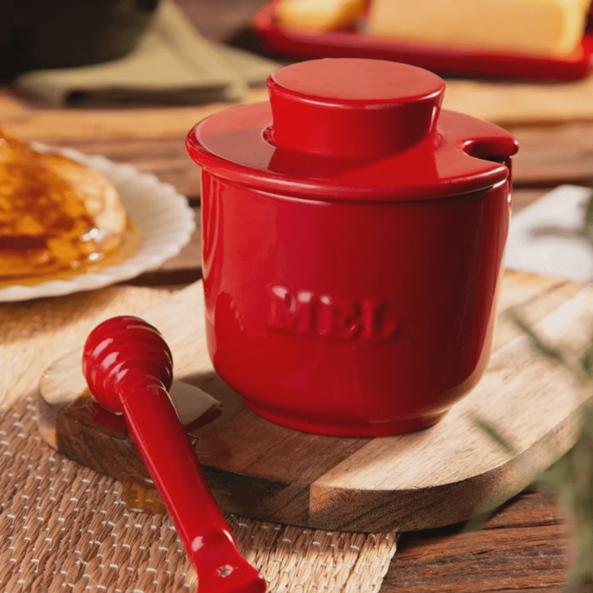 Meleira com Colher em Cerâmica Vermelha - Ela Decora