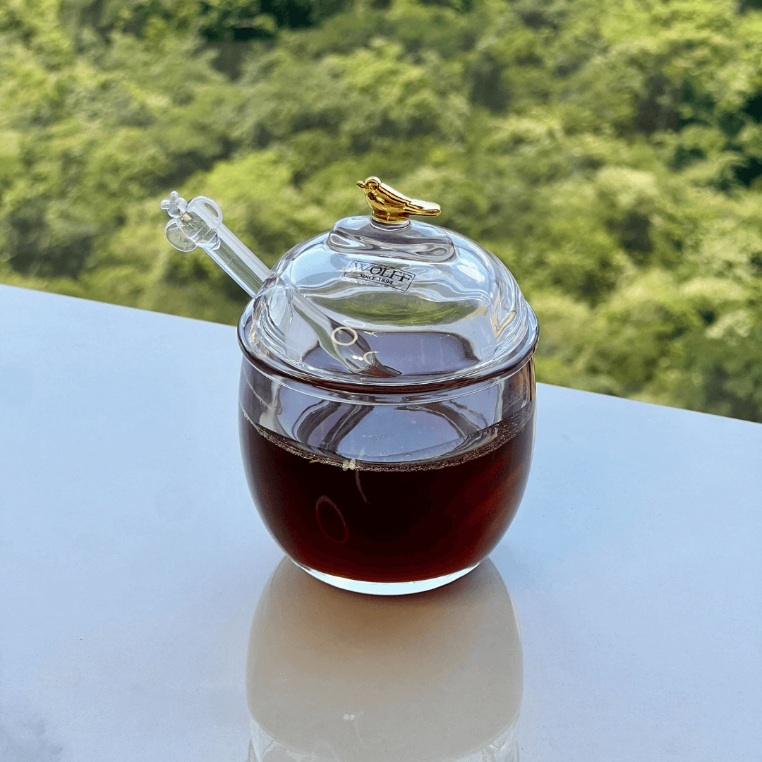 Meleira com colher e tampa de cristal transparente