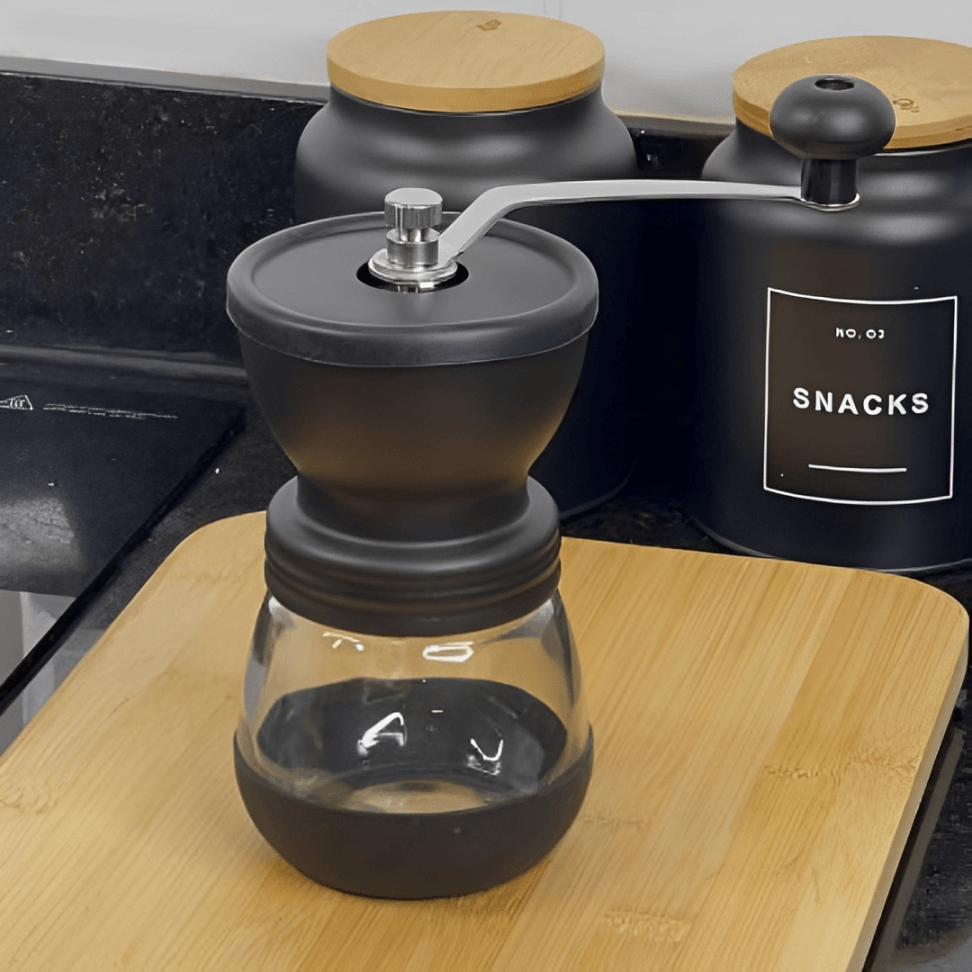 Moedor de Café Manual em Aço Inox com Pote de Vidro Preto 20cm - Ela Decora