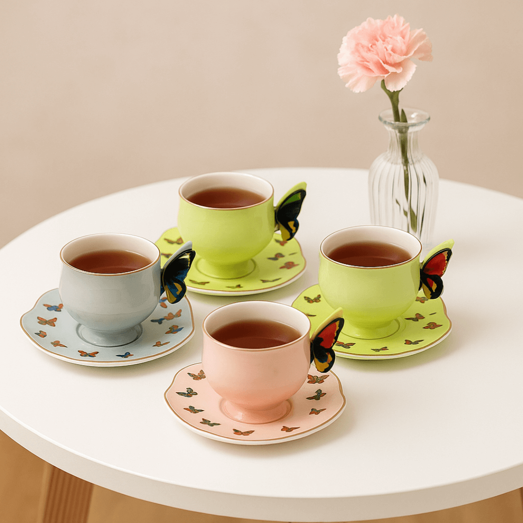 jogo de xicaras borboleta azul rosa e amarela na mesa