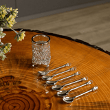 jogo de 6 colheres para cafe com suporte com pezinho e cromado