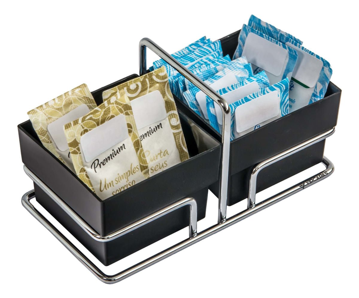 Organizador para Sachês de Açúcar Adoçante Preto e Cromado - Ela Decora