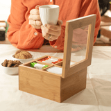 divisória para sache de bambu com vidro na mesa de café da manhã