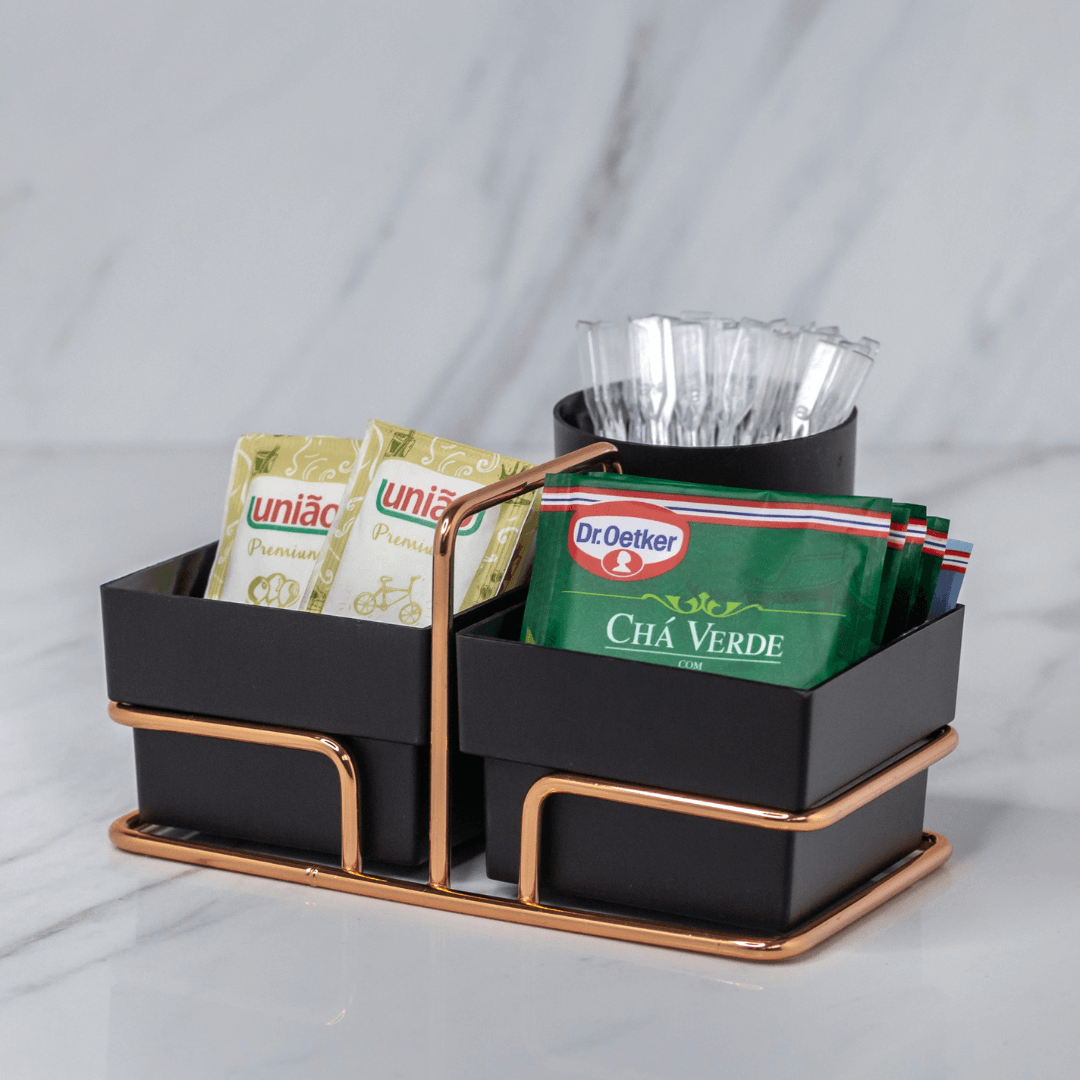 Organizador Porta Sachês de Açúcar Adoçante e Mexedor Preto e Rose Gold - Ela Decora