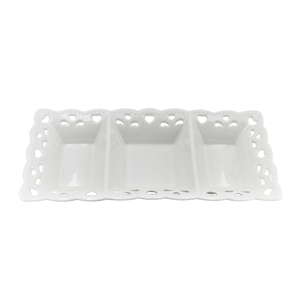 Petisqueira com 3 Divisórias em Porcelana Branca Detalhes Coração - 25,7 cm - Ela Decora