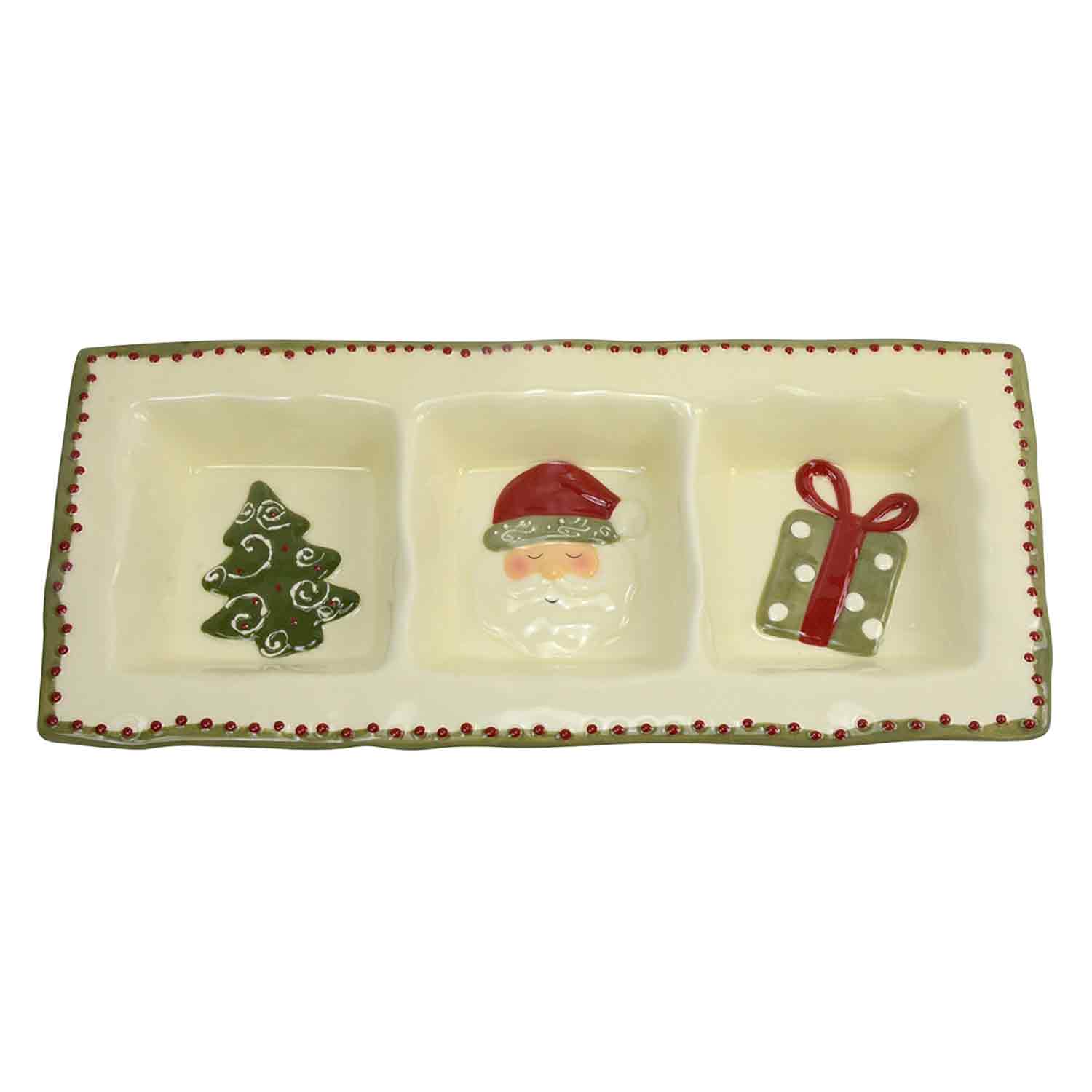 Petisqueira Retangular Tripla de Cerâmica Natalina 35cm x 16cm x 3,5cm - Ela Decora