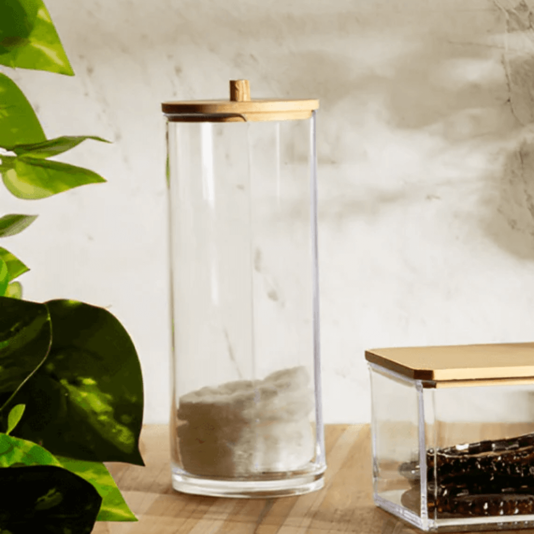 Porta Algodão com Tampa de Bambu 18cm My Box - Ela Decora