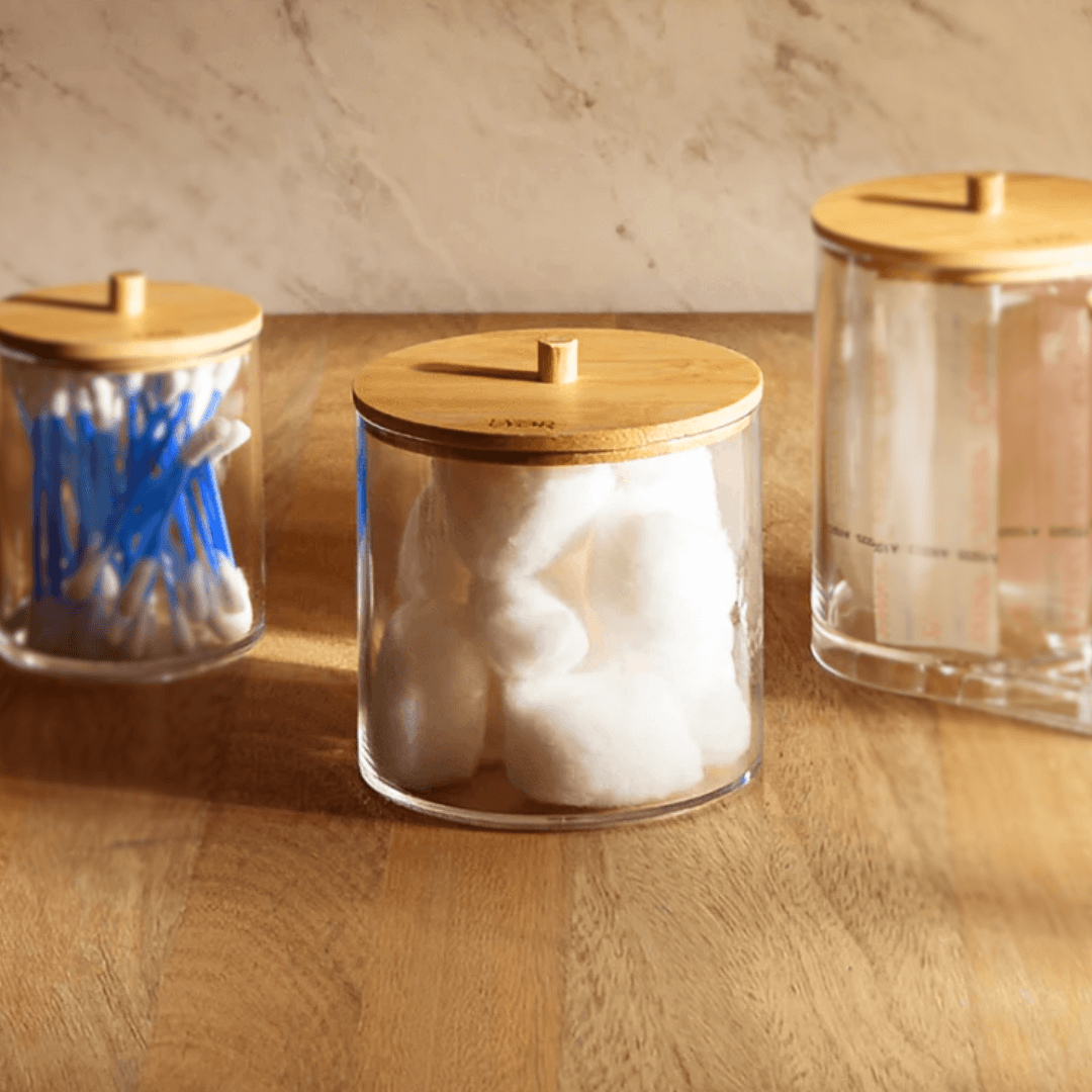 Porta Algodão com Tampa de Bambu 9cm My Box - Ela Decora