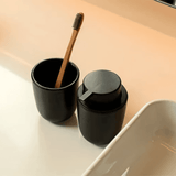 Porta Algodão e Cotonete Cerâmica com Tampa de Bambu Preto Marmorizado - Ela Decora