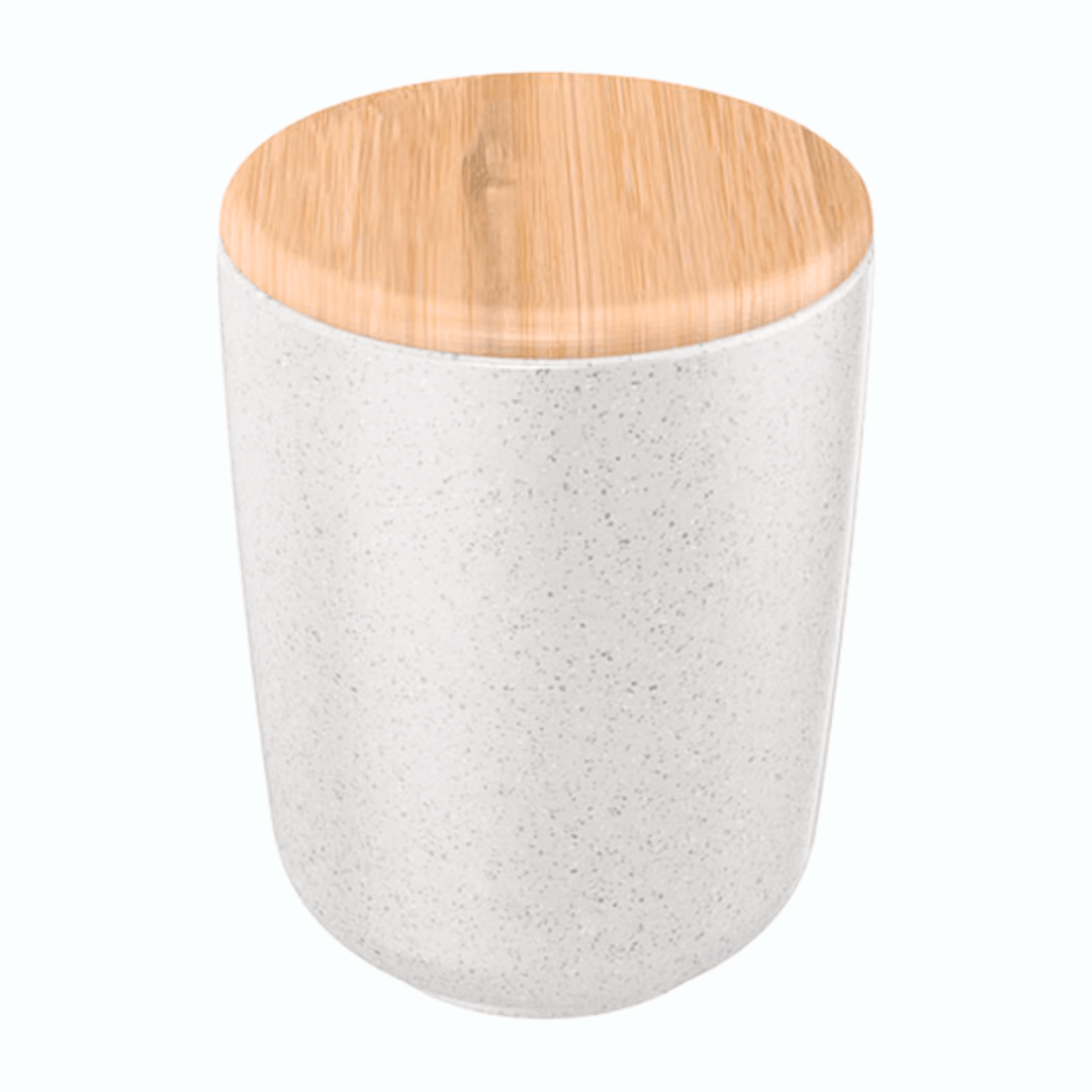 Porta Algodão em Cerâmica Branco Reativo com Tampa de Bambu Osaka - Ela Decora