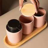 Porta Algodão em Cerâmica Rosa com Tampa de Bambu Osaka - Ela Decora