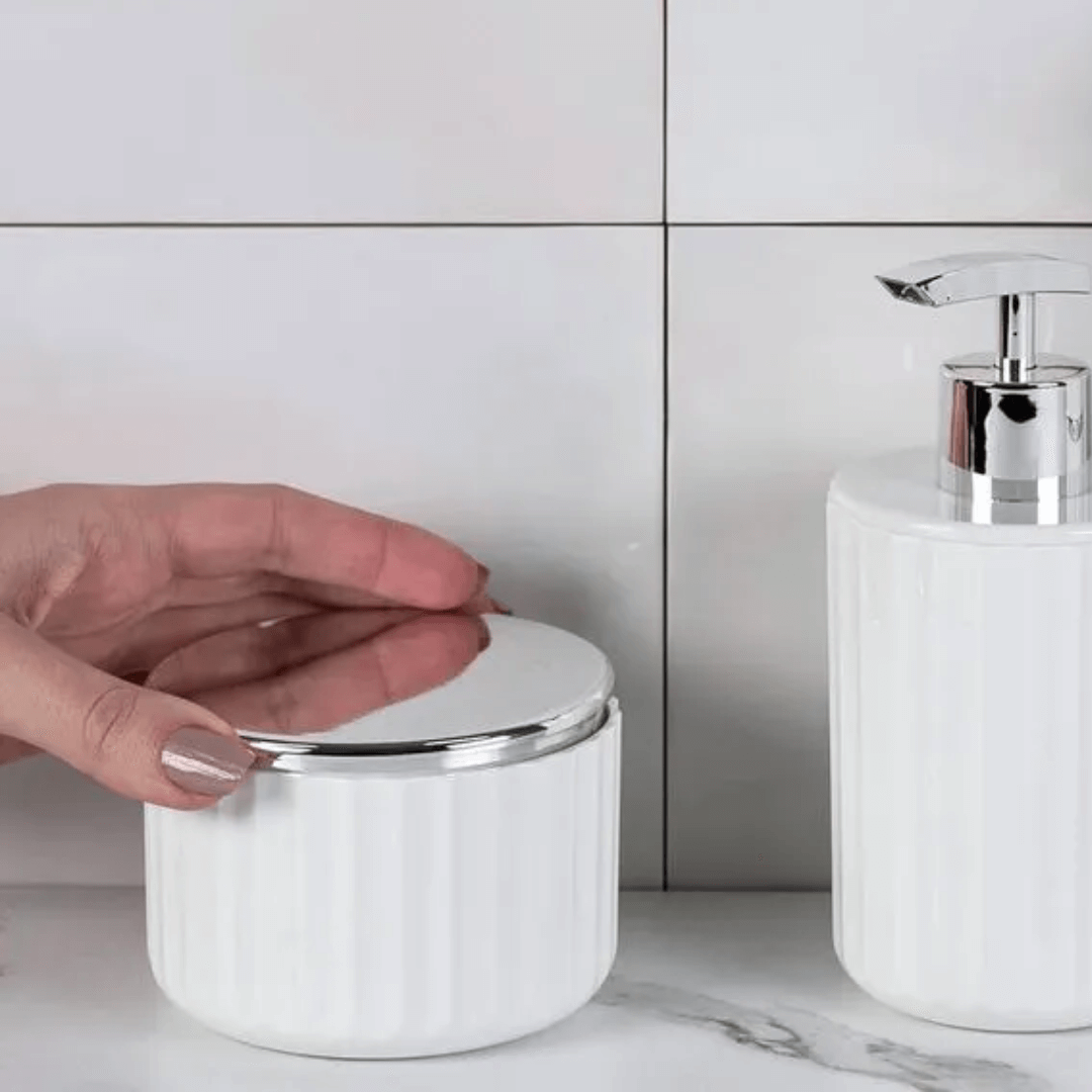 Porta Algodão Groove Branco e Cromado - Ela Decora