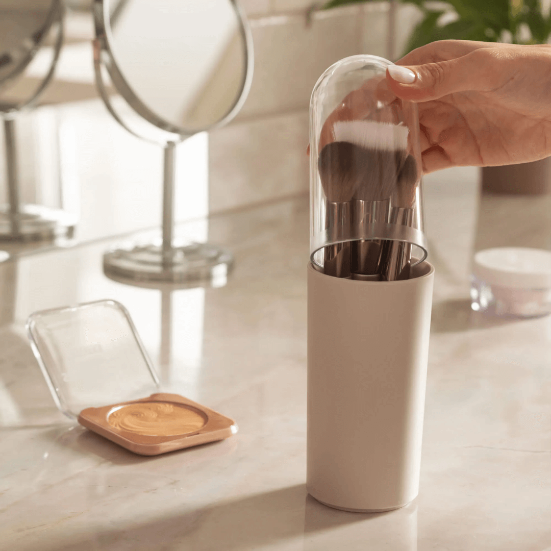 Porta Escova de Dentes Bege Serene com Tampa - Ela Decora