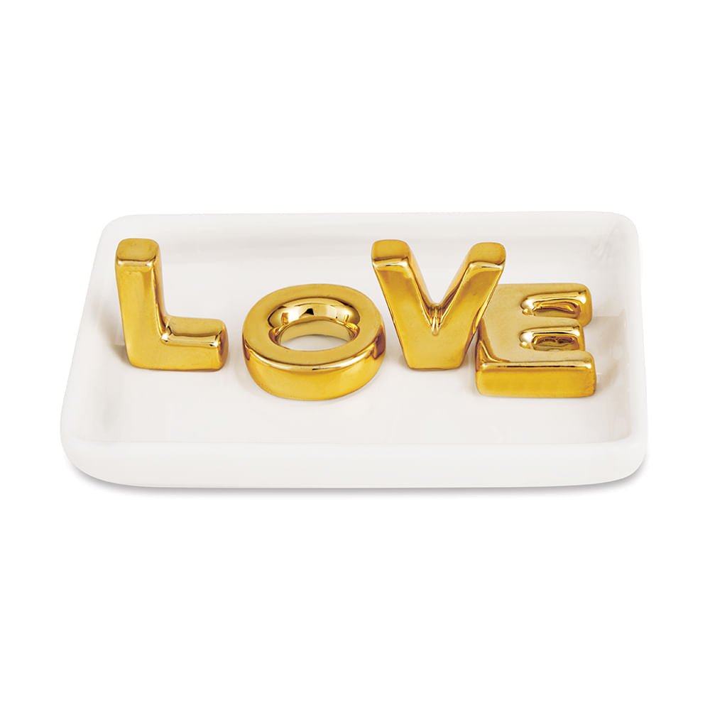 Porta Joias Branco Cerâmica com Palavra Love em Dourado 13cm - Ela Decora