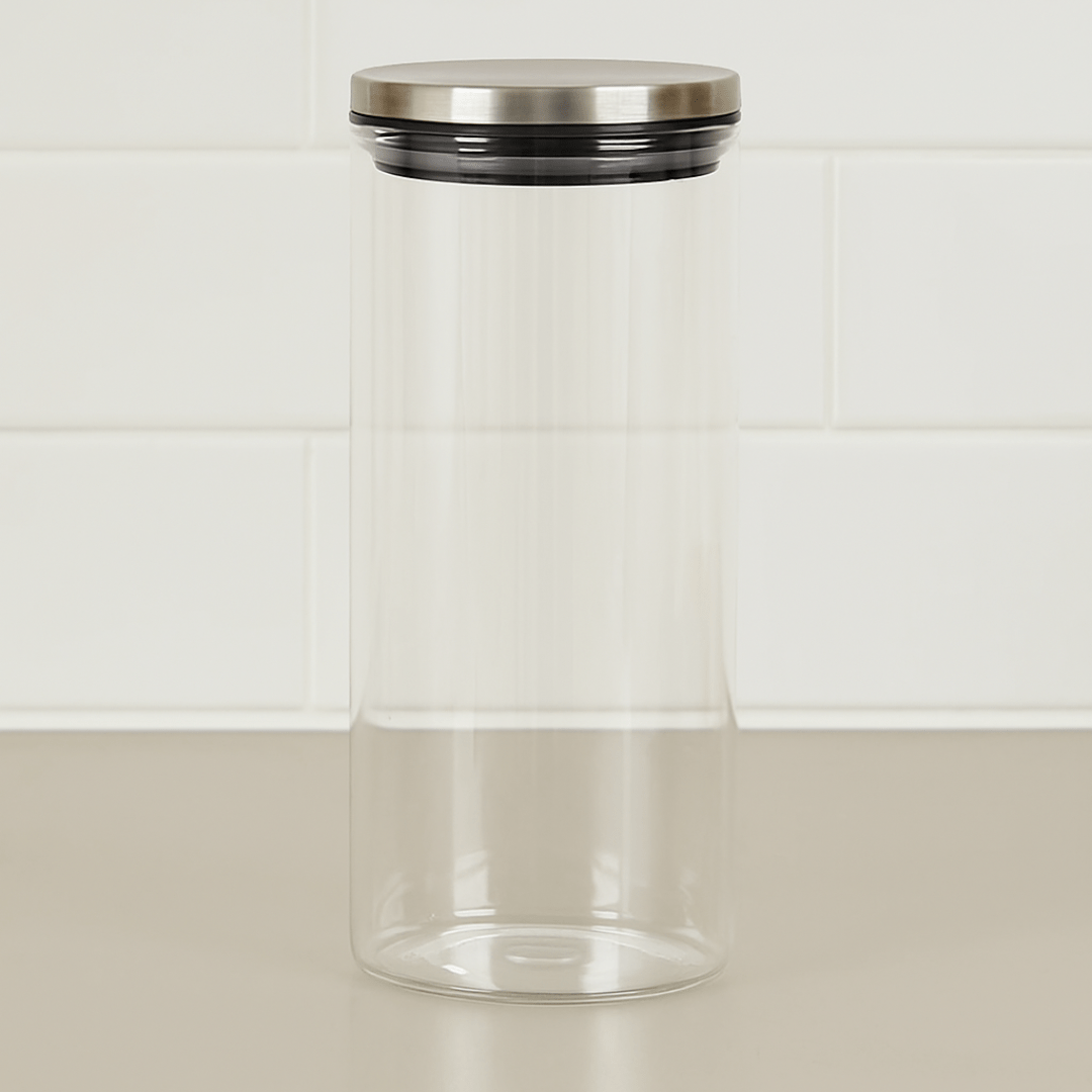 Porta Mantimento Redondo em Vidro Borossilicato Tampa De Metal Prata - 1,4L - Ela Decora