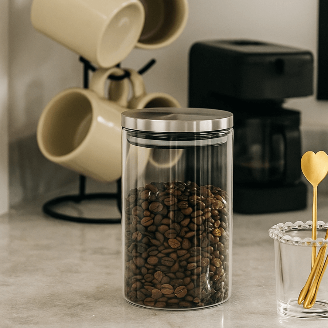 Porta Mantimento Redondo em Vidro Borossilicato Tampa De Metal Prata - 800 ml - Ela Decora