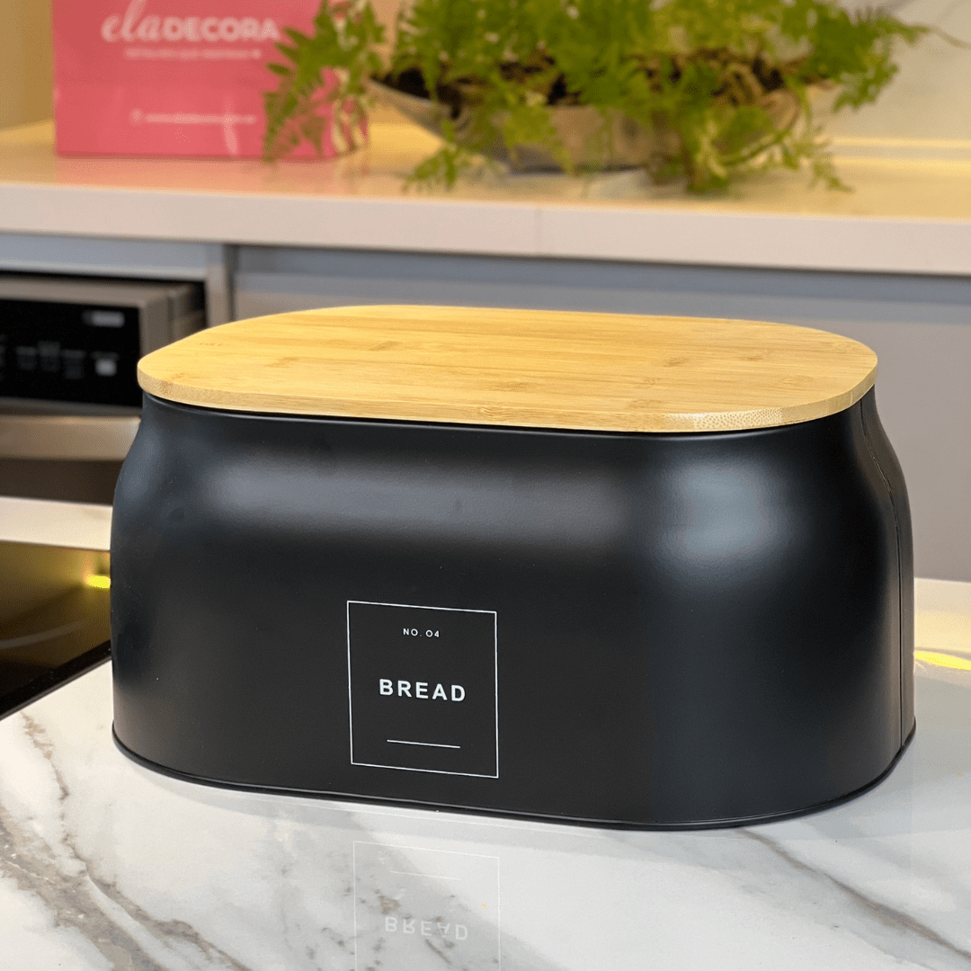 Porta Pão Sense em Metal com Tampa de Bambu 33,5cm Preto - Ela Decora