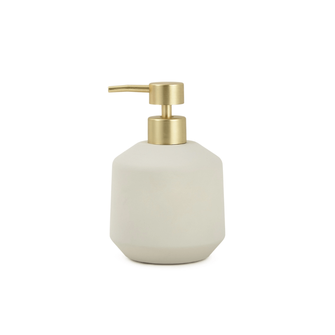 Porta Sabonete Liquido em Cimento Cinza e Dourado 200ml - Ela Decora