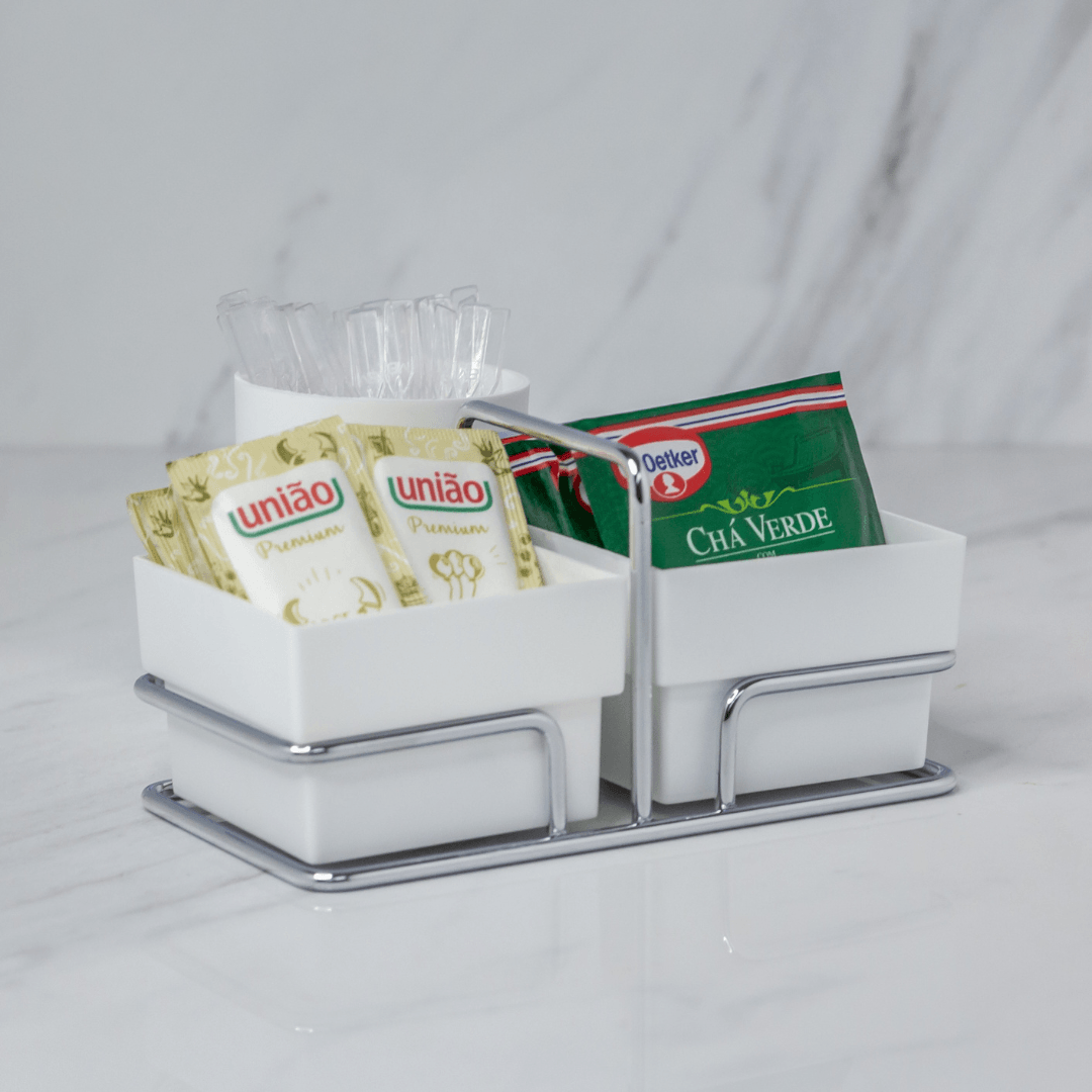 Porta Sachês Organizador Cantinho Do Café Branco e Cromado - Ela Decora