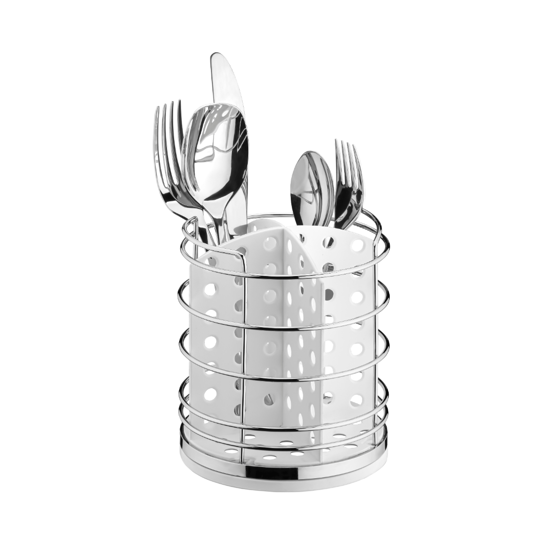 Porta Talheres Utensílios Branco e Cromado 15cm - Ela Decora