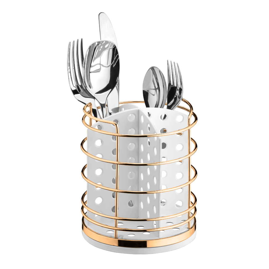Porta Talheres Utensílios Branco e Dourado 15cm - Ela Decora
