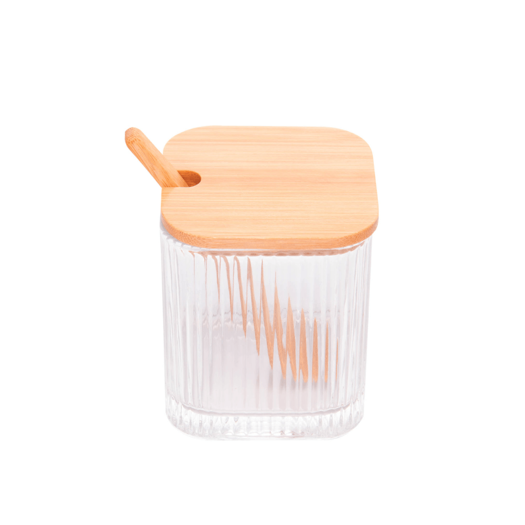 Porta Tempero de Vidro com Colher e Tampa de Bambu - Ela Decora
