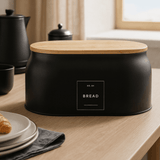Porta Pão Sense em Metal com Tampa de Bambu 33,5cm Preto