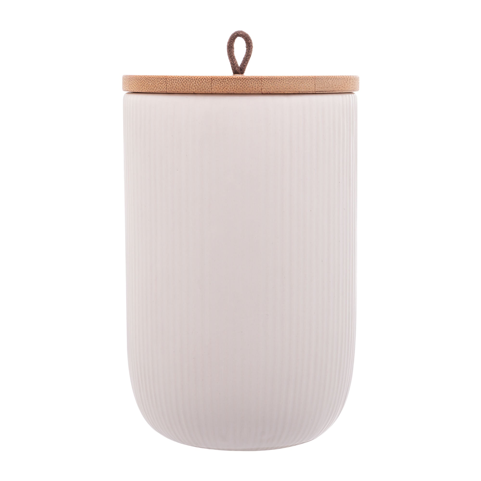 Pote Decorativo de Cerâmica com Tampa De Bambu Com Pegador De Corda Lines Branco 15cm - Ela Decora
