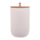 Pote Decorativo de Cerâmica com Tampa De Bambu Com Pegador De Corda Lines Branco 15cm - Ela Decora