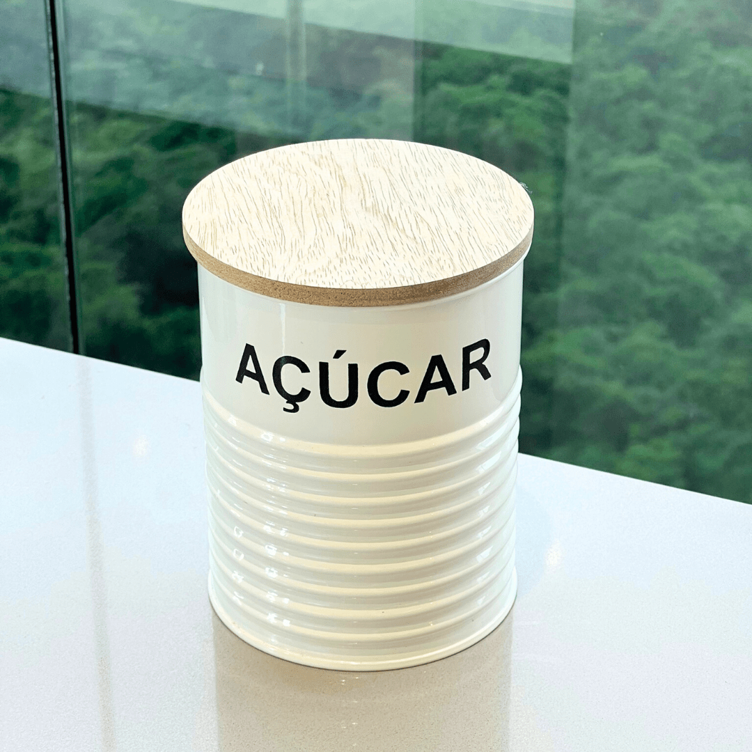 Pote para Açucar de Metal com Tampa de Madeira 14cm - Ela Decora