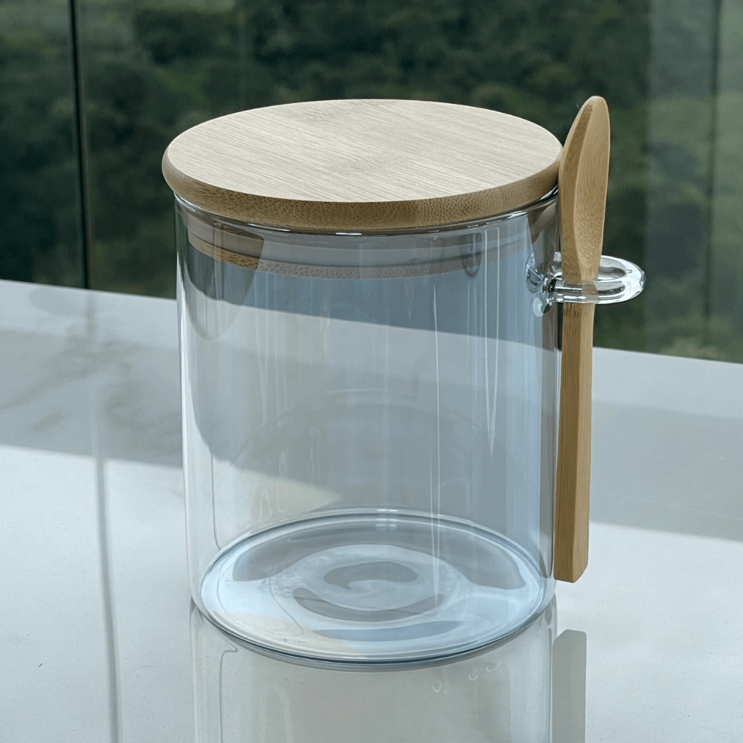Pote Porta Mantimentos Vidro Borossilicato Cinza com Tampa e Colher de Bambu 700ml - Ela Decora