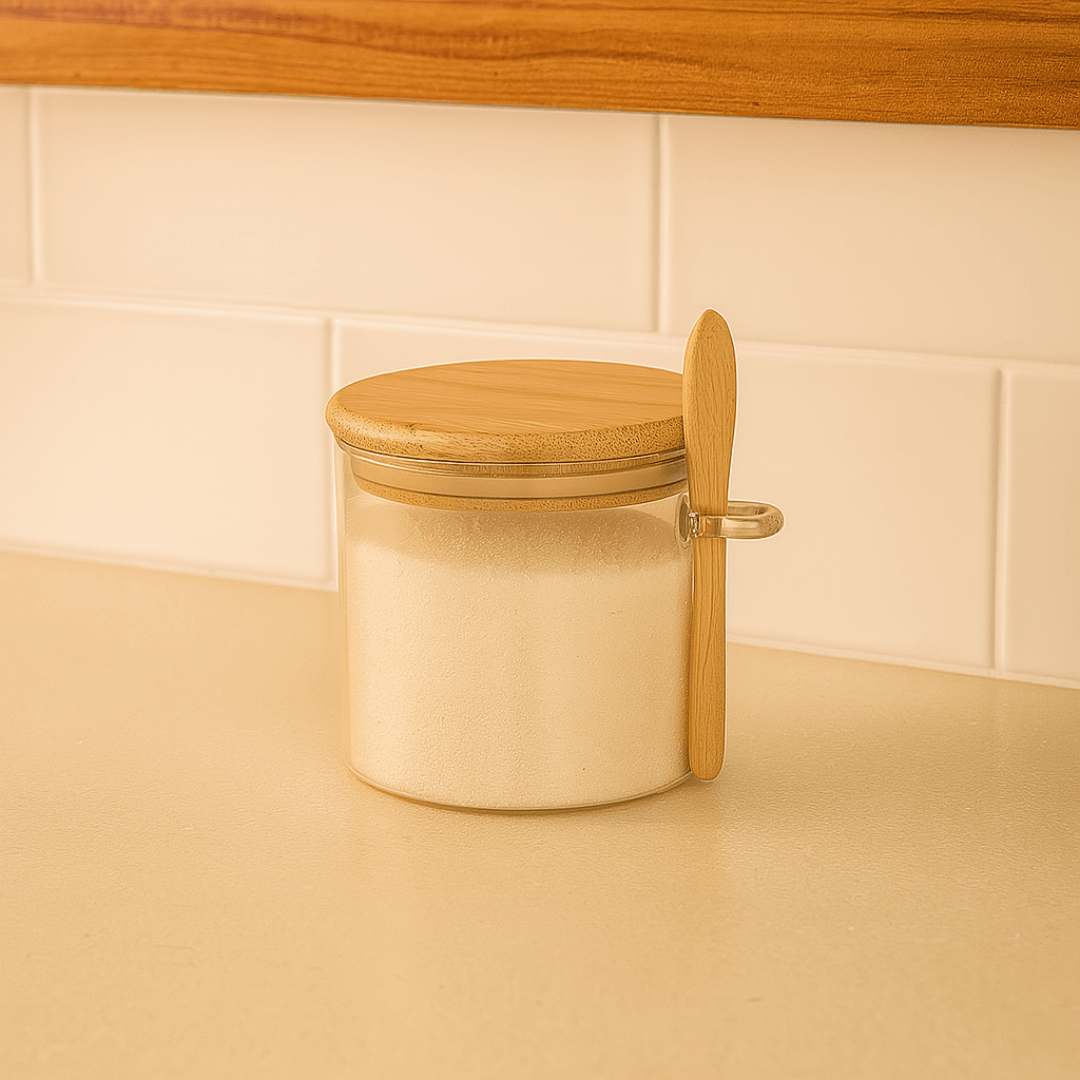 pote com colher e tampa e sal