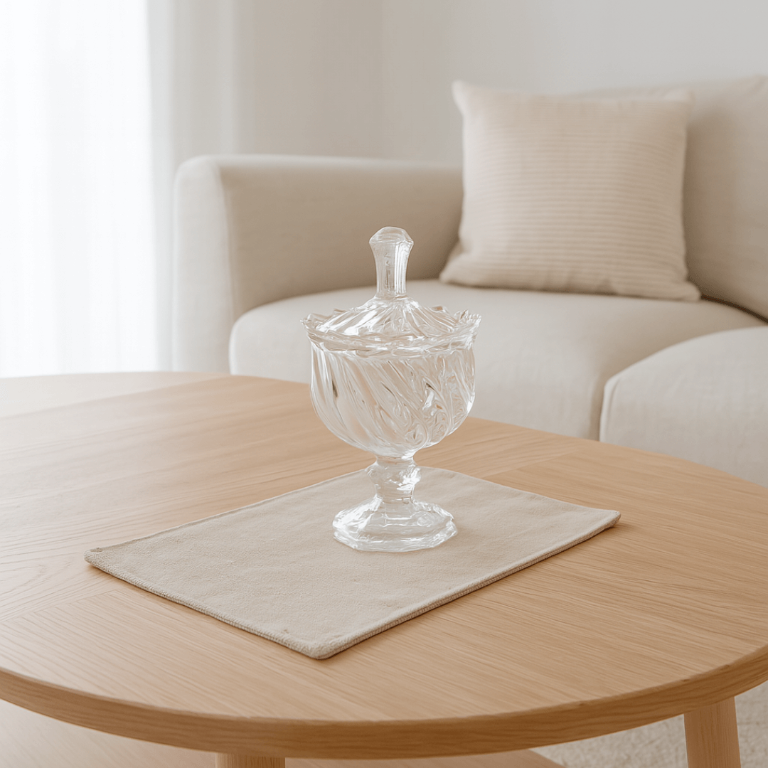 potiche na mesa de centro na sala de estar com copa bege e sofa branco estofado com almofada de tecido canelado