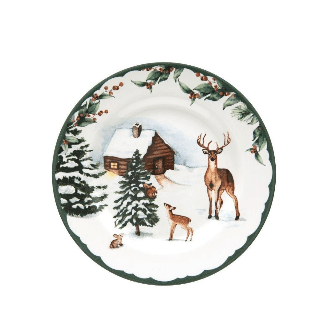 Prato de Sobremesa Aquarelle Bosque Casinha 20,5cm Natal - Ela Decora