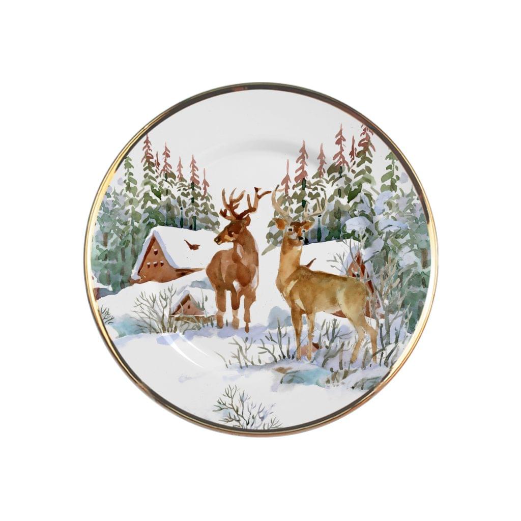 Prato de Sobremesa Estampa Renas Natal Filete Ouro 19,5cm - Ela Decora
