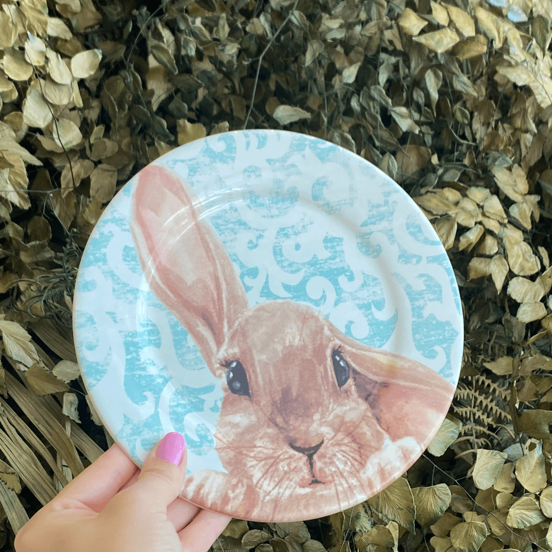 Prato de Sobremesa Páscoa Coelho Sweet Easter Branco e Verde 20cm - Ela Decora