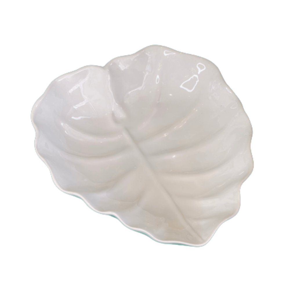 Prato Decorativo Cerâmica Folha de Banana Leaf Branco - 23,5cm - Ela Decora