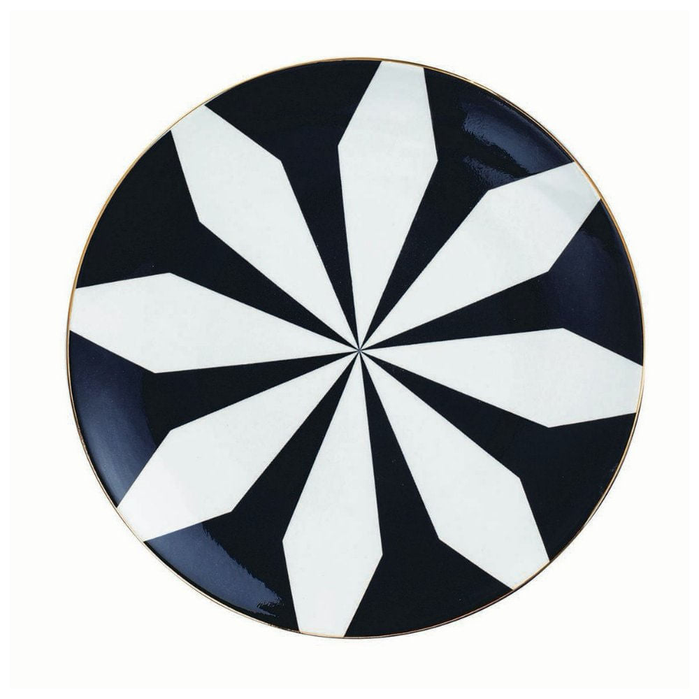 Prato Decorativo Em Ceramica Listras Geometricas Preto e Branco 22 cm - Ela Decora