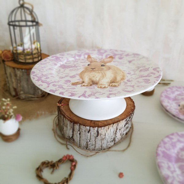 Prato para Bolo Sweet Easter Pascoa Branco e Roxo 27cm - Ela Decora