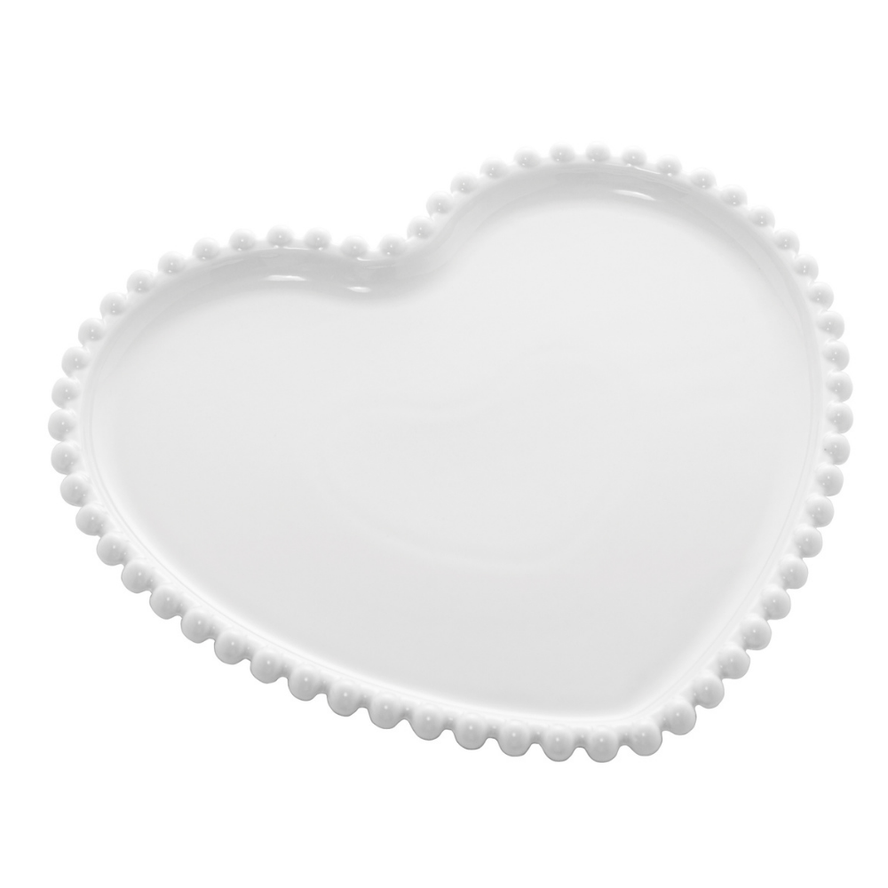 Prato Porcelana Coração Beads Bolinha Branco - 25 cm - Ela Decora